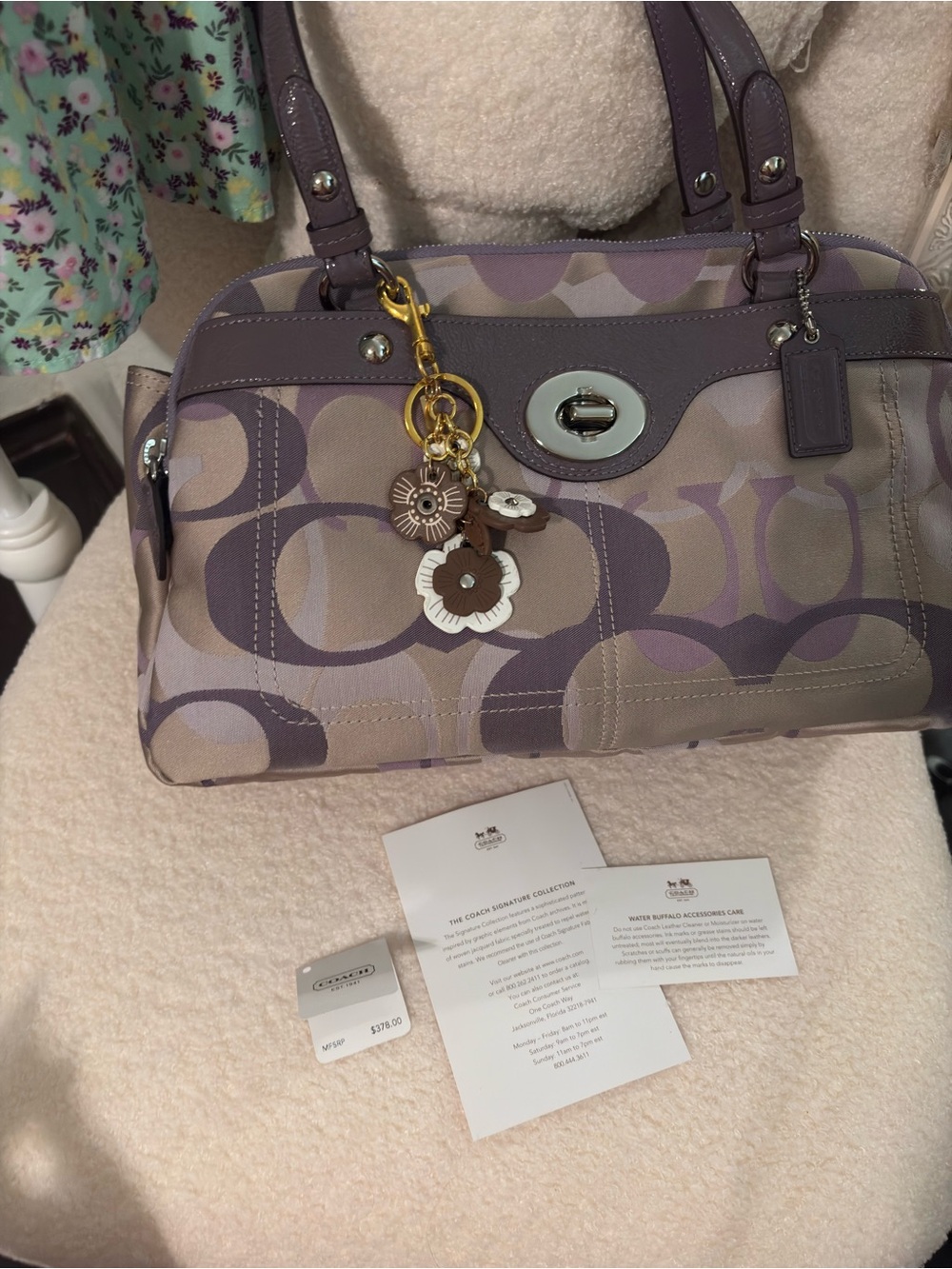 Coach Lavender Signature Canvas Satchel with Floral Charm